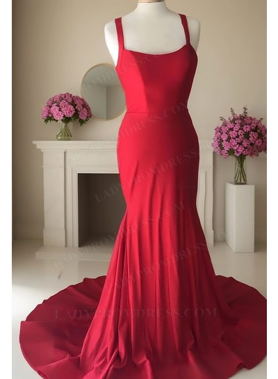 2025 Sheath/Column Satin Square Neck Sleeveless Sweep/Brush Train Prom Dresses