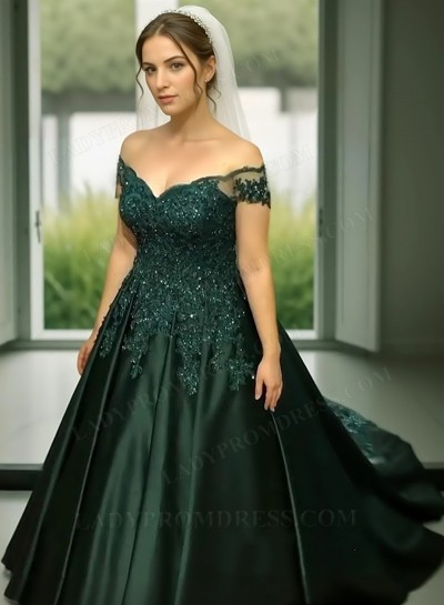 A-Line Princess Satin off-the-shoulder Appliques Sweep/Brush Train 2025 Prom Dresses