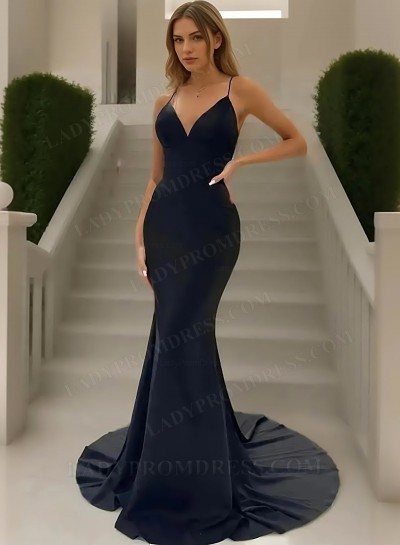 2025 Trumpet/Mermaid Stretch Satin V-neck Sleeveless Sweep/Brush Train Prom Dresses