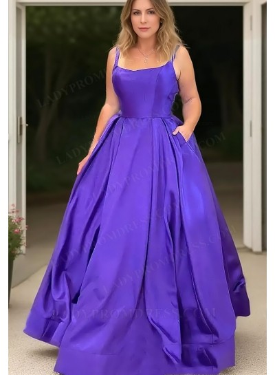 2025 Ball Gown Satin Square Neck Sleeveless Sweep/Brush Train Plus Size Prom Dresses 