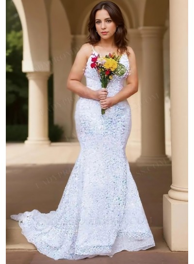 2025 Sheath/Column Sequins Spaghetti Straps Sleeveless Sweep/Brush Train Prom Dresses