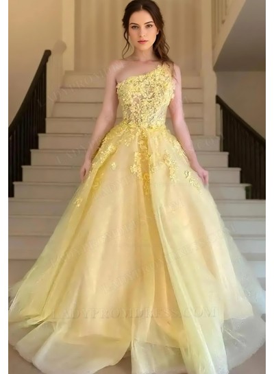 2025 A-Line Tulle Appliques One-Shoulder Sleeveless Sweep/Brush Train Prom Dresses 