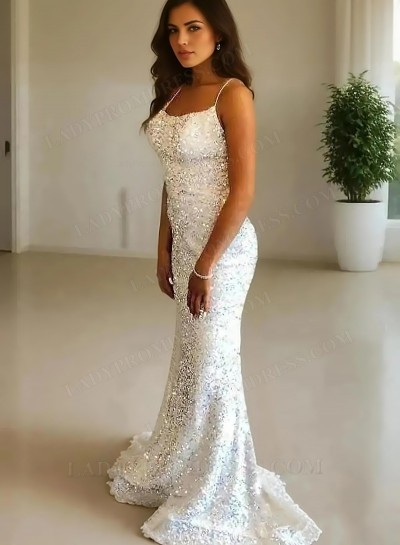 2025 Sheath/Column Sequins Spaghetti Straps Sleeveless Sweep/Brush Train Prom Dresses