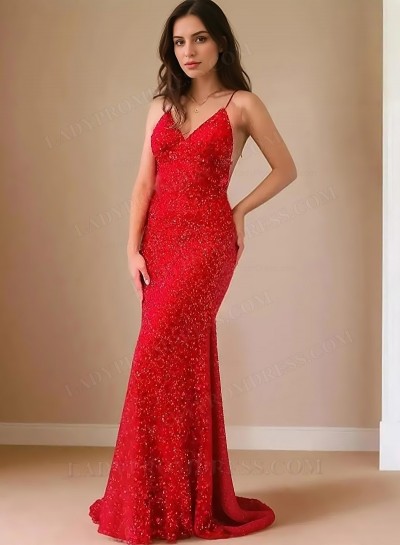 Sheath/Column Sequins Spaghetti Sleeveless Floor-Length Prom Dresses