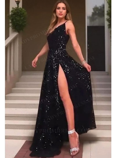 2025 Sheath/Column Sequins One-Shoulder Sleeveless Sweep/Brush Train Prom Dresses