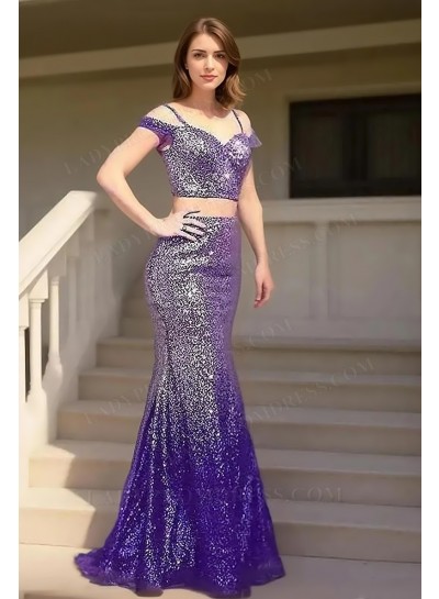 2025 Sheath/Column Sequins off-the-Shoulder Two Pieces Sleeveless Floor-Length Prom Dresses 