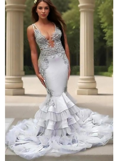 2025 Trumpet/Mermaid Elastic Woven Satin Appliques V-neck Sleeveless Sweep/Brush Train Prom Dresses