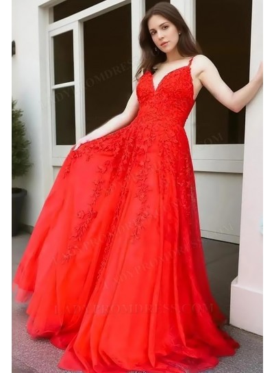 2025 A-Line Princess Chiffon Appliques Spaghetti Straps Sleeveless Sweep/Brush Train Prom Dresses