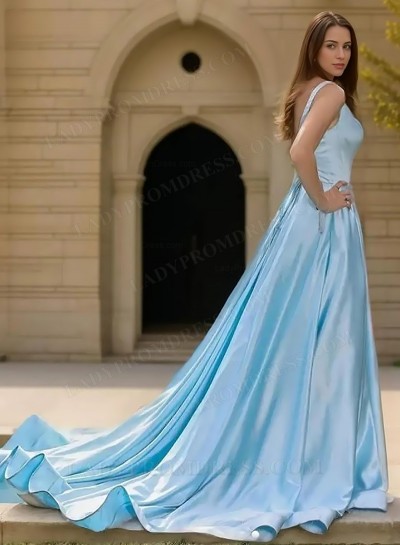 2025 A-Line Princess Silk Like Satin Sleeveless Sweep/Brush Train Prom Dresses 