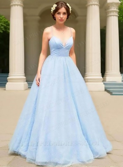 2025 A-Line Princess Tulle Spaghetti Straps Sleeveless Floor-Length Prom Dresses