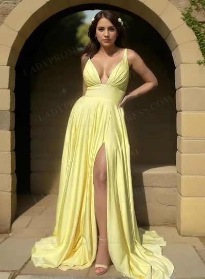 2025 A-Line Princess Silk Like Satin Ruched V-neck Sleeveless Sweep/Brush Train Prom Dresses