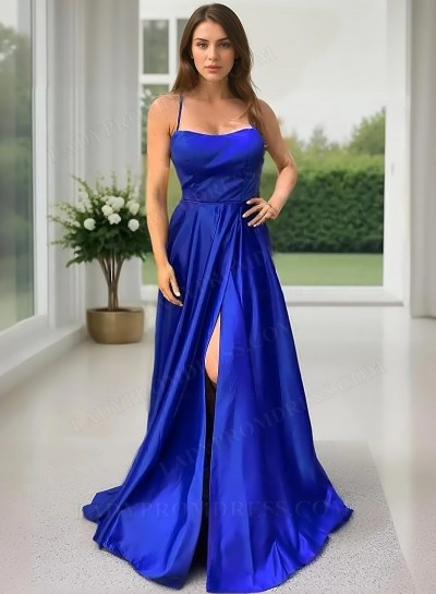 2025 A-Line Princess Silk Like Satin Spaghetti Straps Sleeveless Sweep/Brush Train Prom Dresses