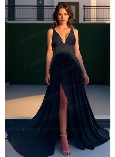 2025 A-Line Princess Satin V-neck Ruched Sleeveless Sweep/Brush Train Prom Dresses