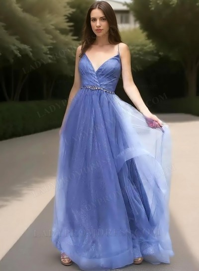 2025 A-Line Princess Tulle V-neck Sleeveless Sweep/Brush Train Prom Dresses