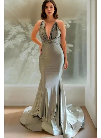2025 Sheath/Column Satin Halter Ruched Sleeveless Sweep/Brush Train Prom Dresses