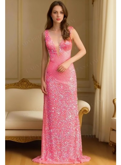 2025 Sheath/Column Sequins V-neck Sleeveless Sweep/Brush Train Prom Dresses