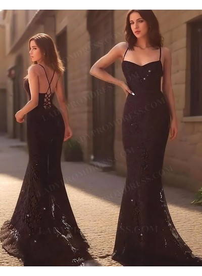 2025 Sheath/Column Lace Spaghetti Straps Sleeveless Sweep/Brush Train Prom Dresses