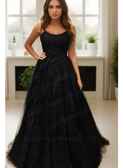 2025 A-Line Princess Tulle Appliques Spaghetti Straps Sleeveless Sweep/Brush Train Prom Dresses