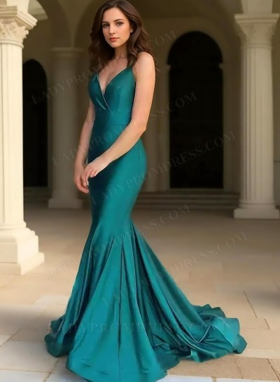 2025 Trumpet/Mermaid Satin Spaghetti Straps Sleeveless Sweep/Brush Train Prom Dresses