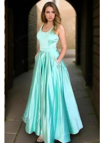 2025 A-Line Princess Silk Like Satin Square Neck Sleeveless Sweep/Brush Train Prom Dresses 