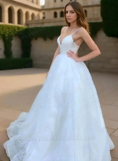 2025 Ball Gown Lace Spaghetti Straps Sleeveless Sweep/Brush Train Prom Dresses