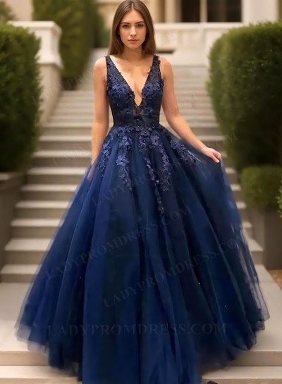 2025 A-Line Princess Tulle Appliques V-neck Sleeveless Sweep/Brush Train Prom Dresses