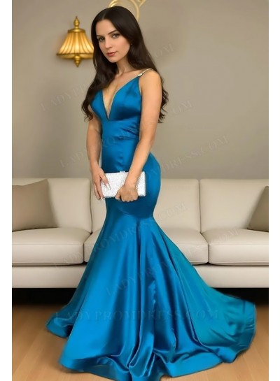 2025 Trumpet/Mermaid Silk Like Satin V-neck Sleeveless Sweep/Brush Train Prom Dresses