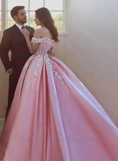 2025 Ball Gown Satin Off-the-Shoulder Sleeveless Sweep/Brush Train Prom Dresses 