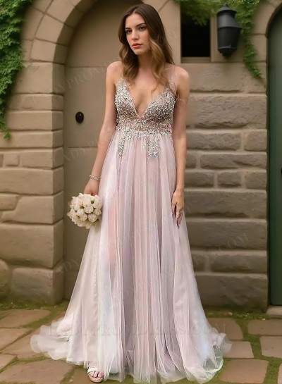 2025 A-Line Princess Tulle Appliques V-neck Sleeveless Sweep/Brush Train Prom Dresses