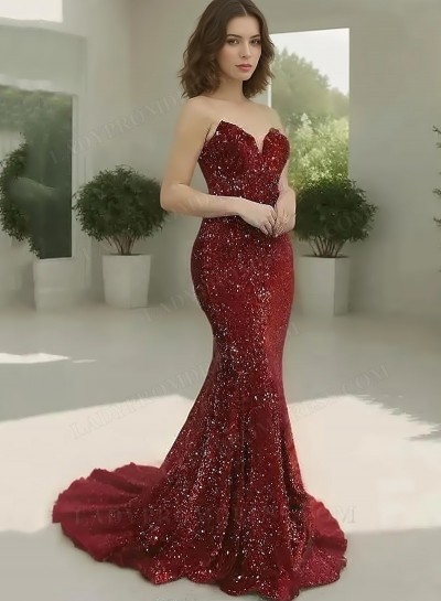 2025 Trumpet/Mermaid Sequins Sweetheart Sleeveless Sweep/Brush Train Prom Dresses