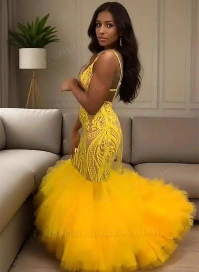 Daffodil Lace and Tulle V-neck Mermaid Prom Dresses
