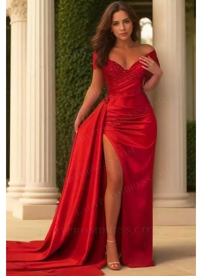 2025 Sheath/Column Silk Like Satin Off-the-Shoulder Ruched Sleeveless Sweep/Brush Train Prom Dresses 