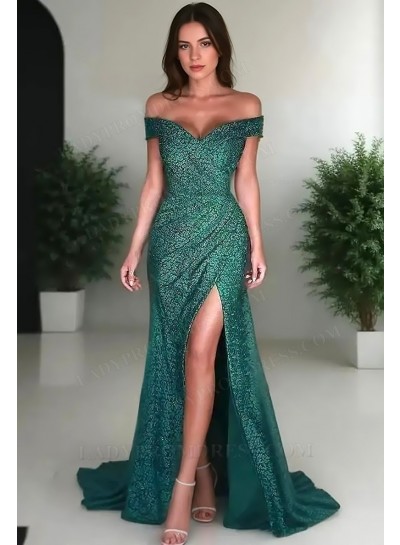 2025 Sheath/Column Lace Off-the-Shoulder Sleeveless Sweep/Brush Train Prom Dresses 