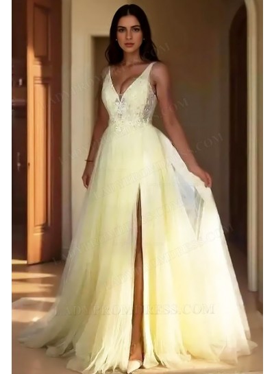 2025 A-Line Princess Tulle Appliques V-neck Sleeveless Sweep/Brush Train Prom Dresses