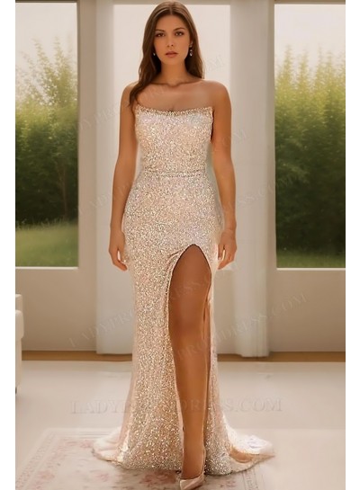 2025 Sheath/Column Sequins Strapless Sleeveless Sweep/Brush Train Prom Dresses
