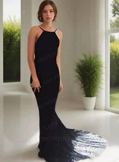 2025 Sheath/Column Lace Spaghetti Straps Sleeveless Sweep/Brush Train Prom Dresses