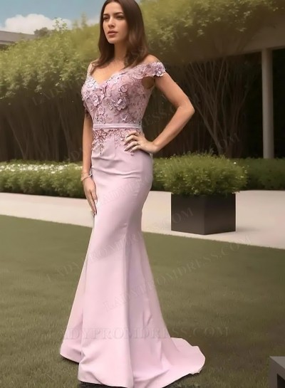 2025 Sheath/Column Satin Off-the-Shoulder Sleeveless Sweep/Brush Train Prom Dresses