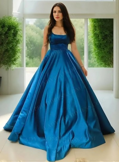 2025 Ball Gown Silk Like Satin Square Neck Sleeveless Sweep/Brush Train Prom dresses 