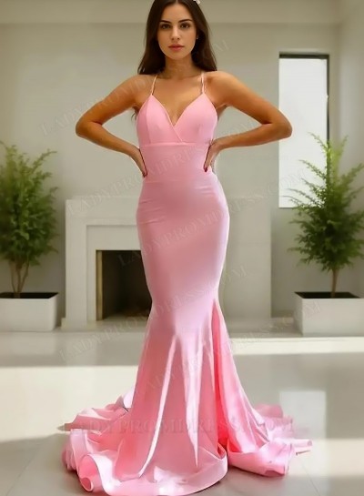 2025 Trumpet/Mermaid Satin Halter Sleeveless Sweep/Brush Train Prom Dresses