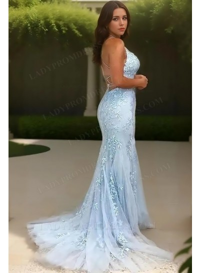 2025 Sheath/Column Tulle Appliques Spaghetti Straps Sleeveless Sweep/Brush Train Prom Dresses