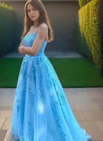 2025 A-Line Princess Tulle Appliques Spaghetti Straps Sleeveless Sweep/Brush Train Prom Dresses