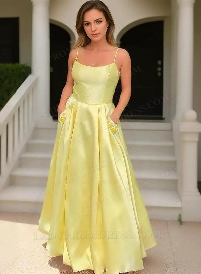 2025 A-Line Princess Silk Like Satin Spaghetti Straps Sleeveless Sweep/Brush Train Prom Dresses 