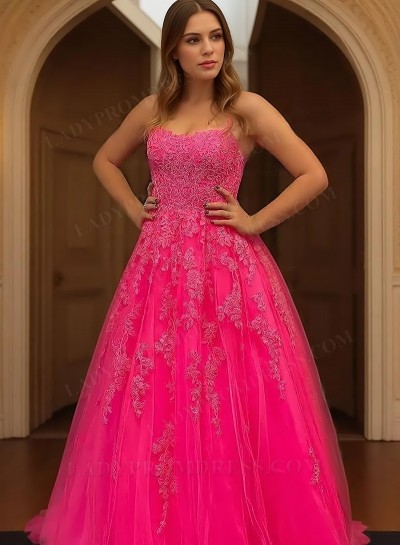 2025 A-Line Princess Tulle Appliques Square Neck Sleeveless Sweep/Brush Train Prom Dresses