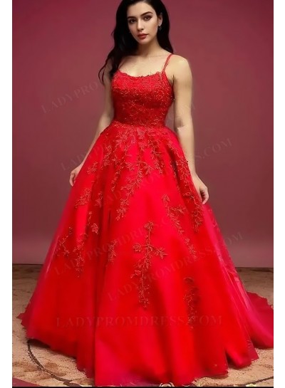 Red Spaghetti straps Ball Gown Long Prom Dresses