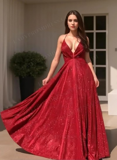 A-Line Princess Sequins Deep V-neck Lace up Sweep/Brush Train Prom Dresses