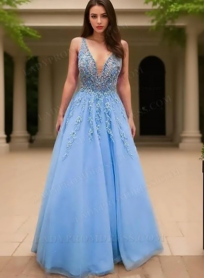 A-Line Princess Tulle Appliques V-neck Backless Floor-Length Prom Dresses