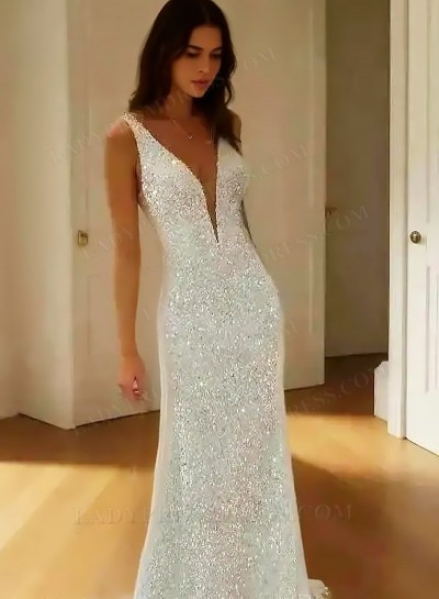 2025 V-neck Sequins White Long Prom Dresses