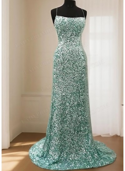 2025 Sheath/Column Sequins Square Straps Sleeveless Sweep/Brush Train Prom Dresses 