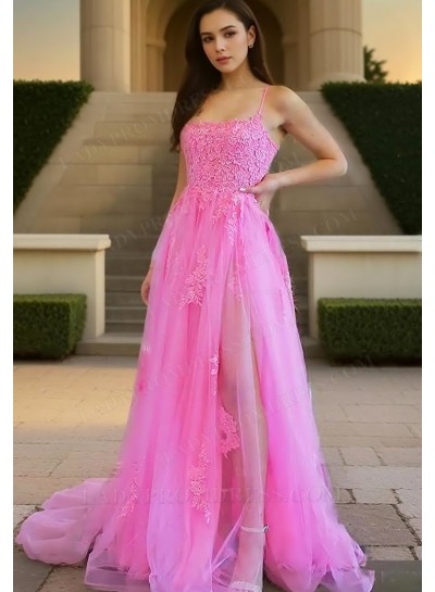 A-Line Princess Tulle Spaghetti Straps Sleeveless Sweep/Brush Train Prom Dresses