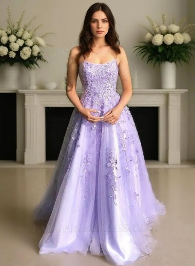 2025 A-Line Princess Appliques Tulle Spaghetti Straps Floor-Length Prom Dresses